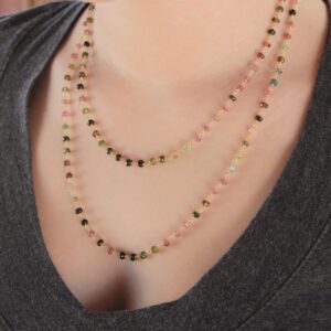 Watermelon Tourmaline Necklace, October Birthstone, Gold Beaded Layering Necklace, Dainty Multicolor Long Rosary Necklace, Gift for her Watermelon Tourmaline Necklace, October Birthstone, Gold Beaded Layering Necklace, Dainty Multicolor Long Rosary Necklace, Gift for her