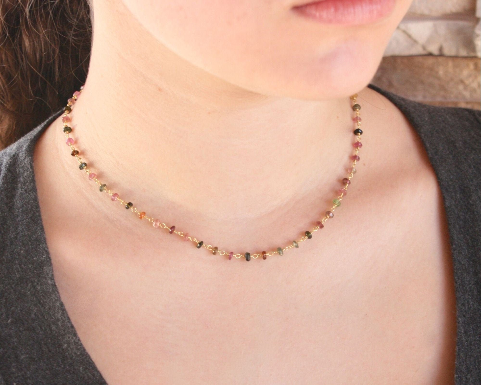 Tourmaline Necklace, October Birthstone, Beaded Multicolor Necklace, Dainty Watermelon Tourmaline Chain, Layering Necklace For Mother's Day