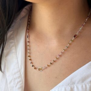 Tourmaline Necklace, October Birthstone, Beaded Multicolor Necklace, Dainty Watermelon Tourmaline Chain, Layering Necklace for Mother's Day Tourmaline Necklace, October Birthstone, Beaded Multicolor Necklace, Dainty Watermelon Tourmaline Chain, Layering Necklace for Mother's Day