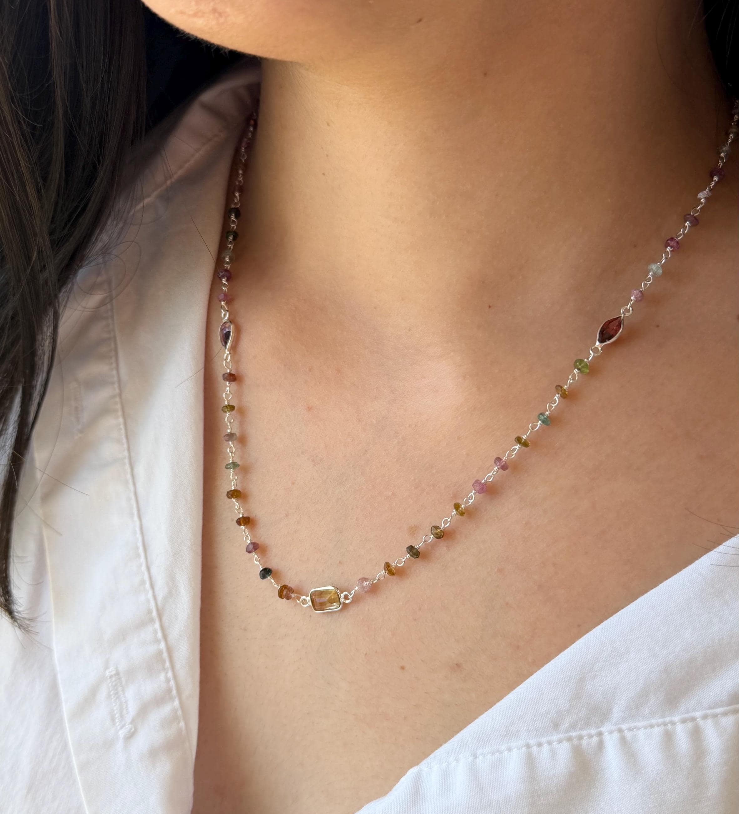 Tourmaline Necklace, October Birthstone, Beaded Multicolor Necklace, Dainty Watermelon Tourmaline Chain, Layering Necklace For Mother's Day