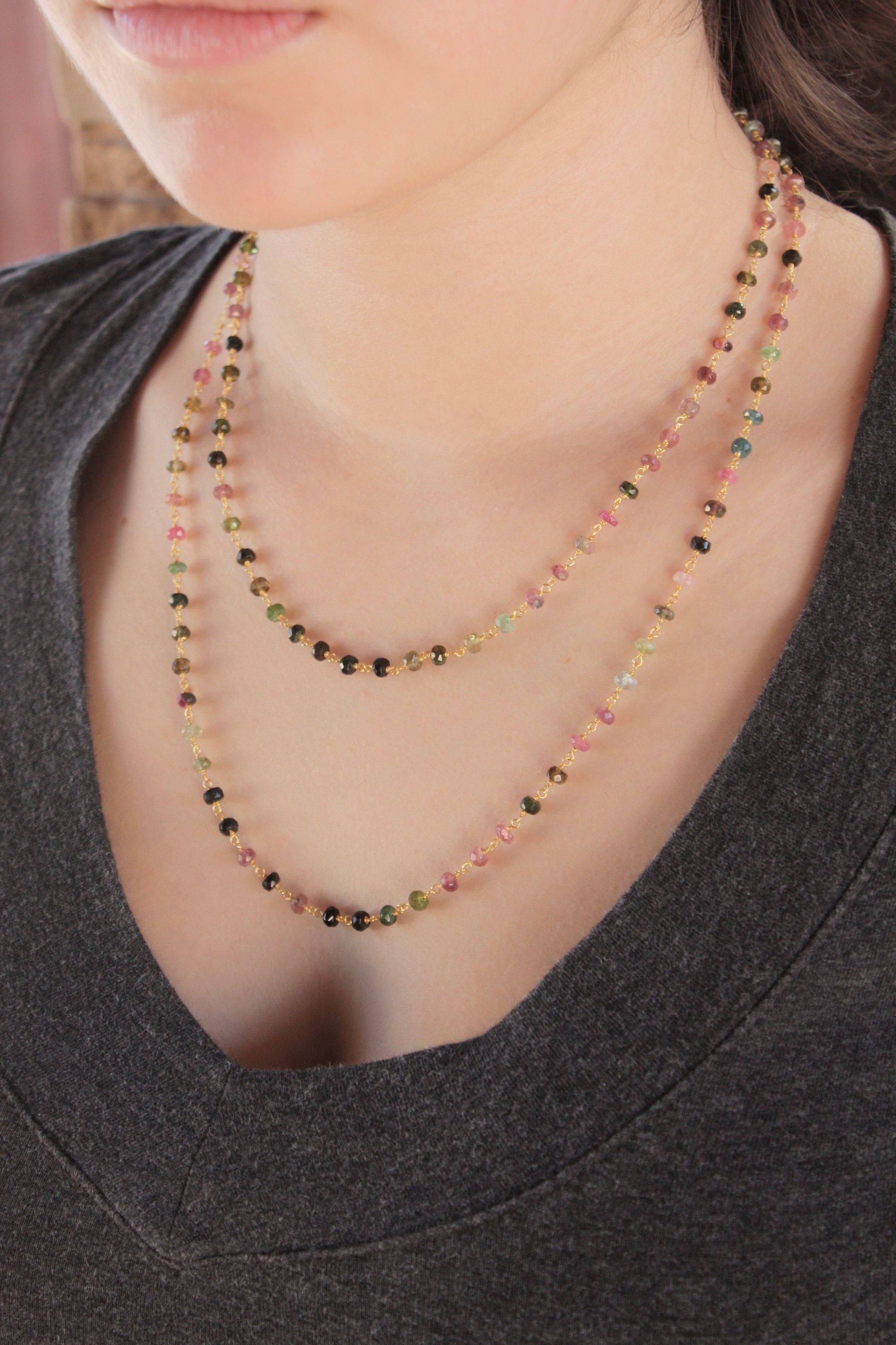 Watermelon Tourmaline Necklace, October Birthstone, Gold Beaded Layering Necklace, Dainty Multicolor Long Rosary Necklace, Gift For Her Watermelon Tourmaline Necklace, October Birthstone, Gold Beaded Layering Necklace, Dainty Multicolor Long Rosary Necklace, Gift For Her