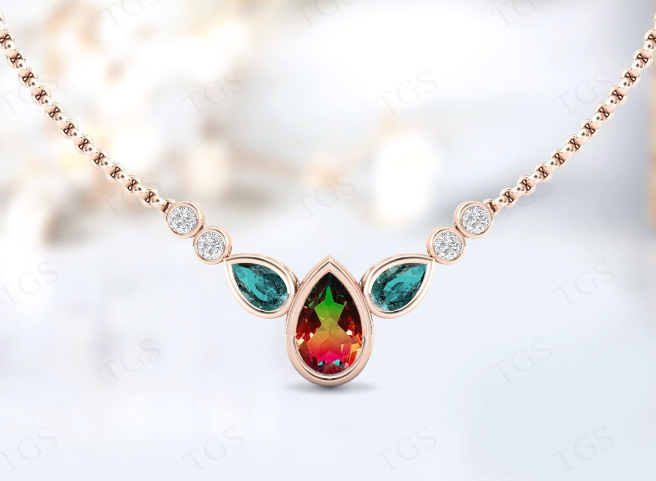 Pear Cut Watermelon Tourmaline Necklace For Women Art Deco Multi Color Gemstone Wedding Necklace For Her 925 Silver Tourmaline Necklace