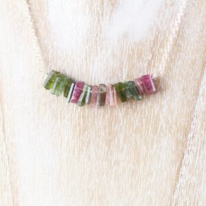 Raw Watermelon Tourmaline Bar Necklace In Sterling Silver, 14kt Gold Or Rose Gold Filled, Pink & Green Rough Uncut Gemstone Choker For Women Raw Watermelon Tourmaline Bar Necklace In Sterling Silver, 14kt Gold Or Rose Gold Filled, Pink & Green Rough Uncut Gemstone Choker For Women