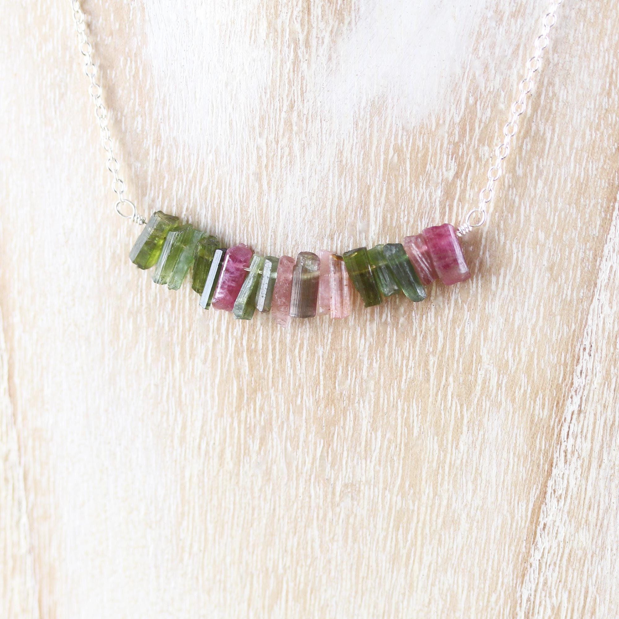 Raw Watermelon Tourmaline Bar Necklace In Sterling Silver, 14kt Gold Or Rose Gold Filled, Pink & Green Rough Uncut Gemstone Choker For Women Raw Watermelon Tourmaline Bar Necklace In Sterling Silver, 14kt Gold Or Rose Gold Filled, Pink & Green Rough Uncut Gemstone Choker For Women