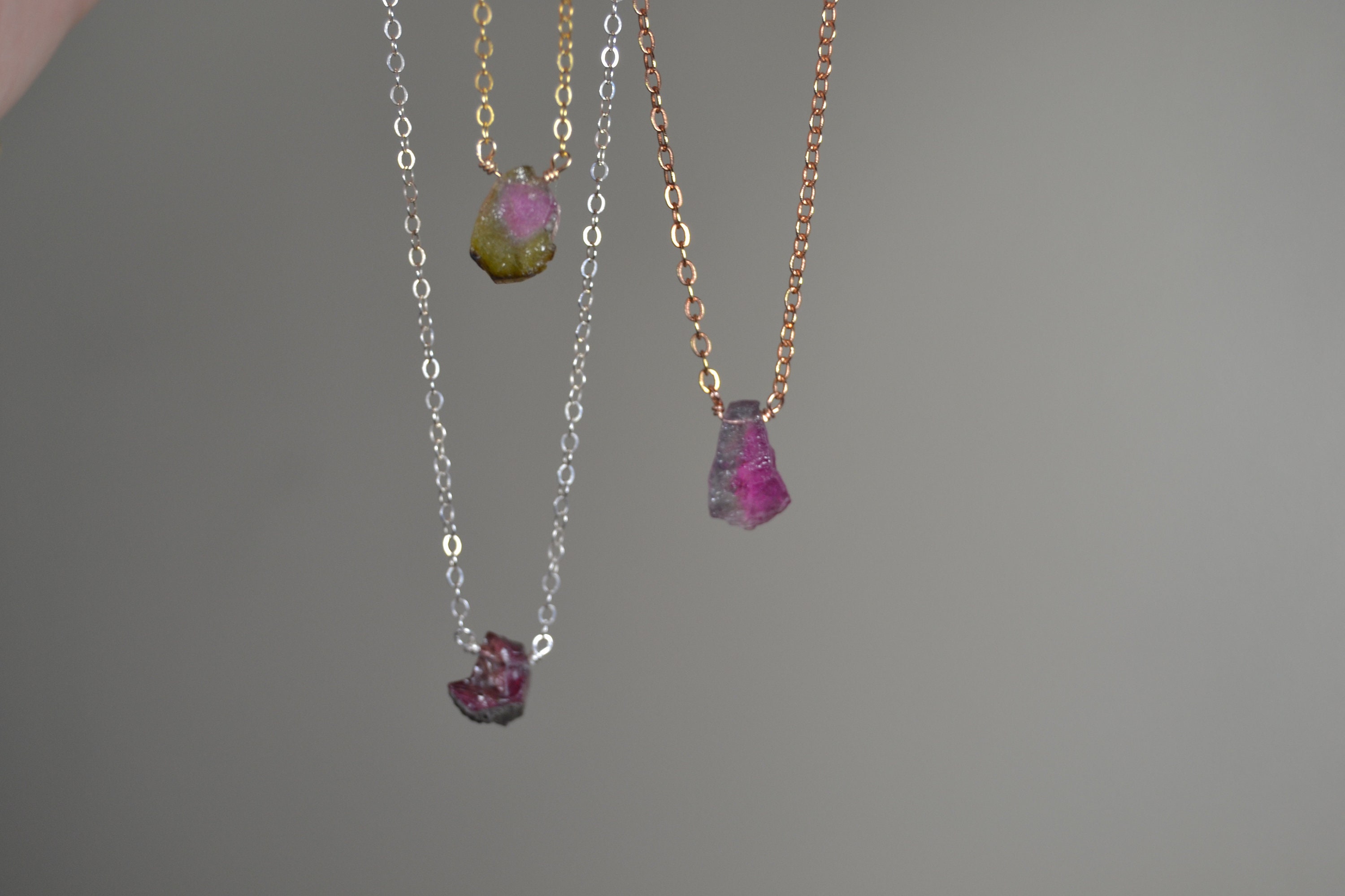 Raw Watermelon Tourmaline Necklace In Sterling Silver, 14k Gold // Raw Multi-color Tourmaline // October Birthstone // Bi-color Tourmaline