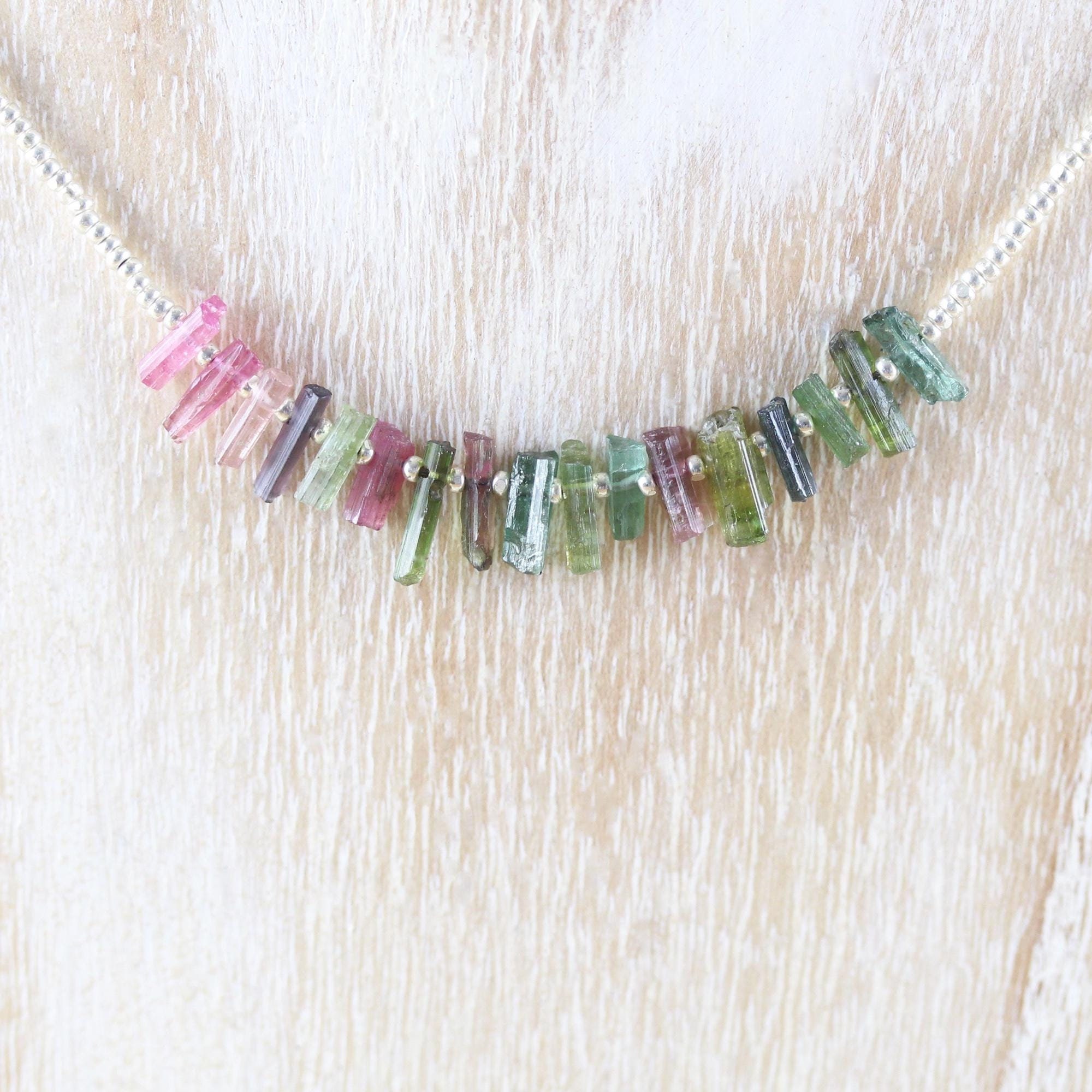 Raw Watermelon Tourmaline, Seed Bead & Sterling Silver Necklace, Pink And Green Rough Uncut Gemstone Choker, Delicate Boho Jewelry For Women Raw Watermelon Tourmaline, Seed Bead & Sterling Silver Necklace, Pink And Green Rough Uncut Gemstone Choker, Delicate Boho Jewelry For Women