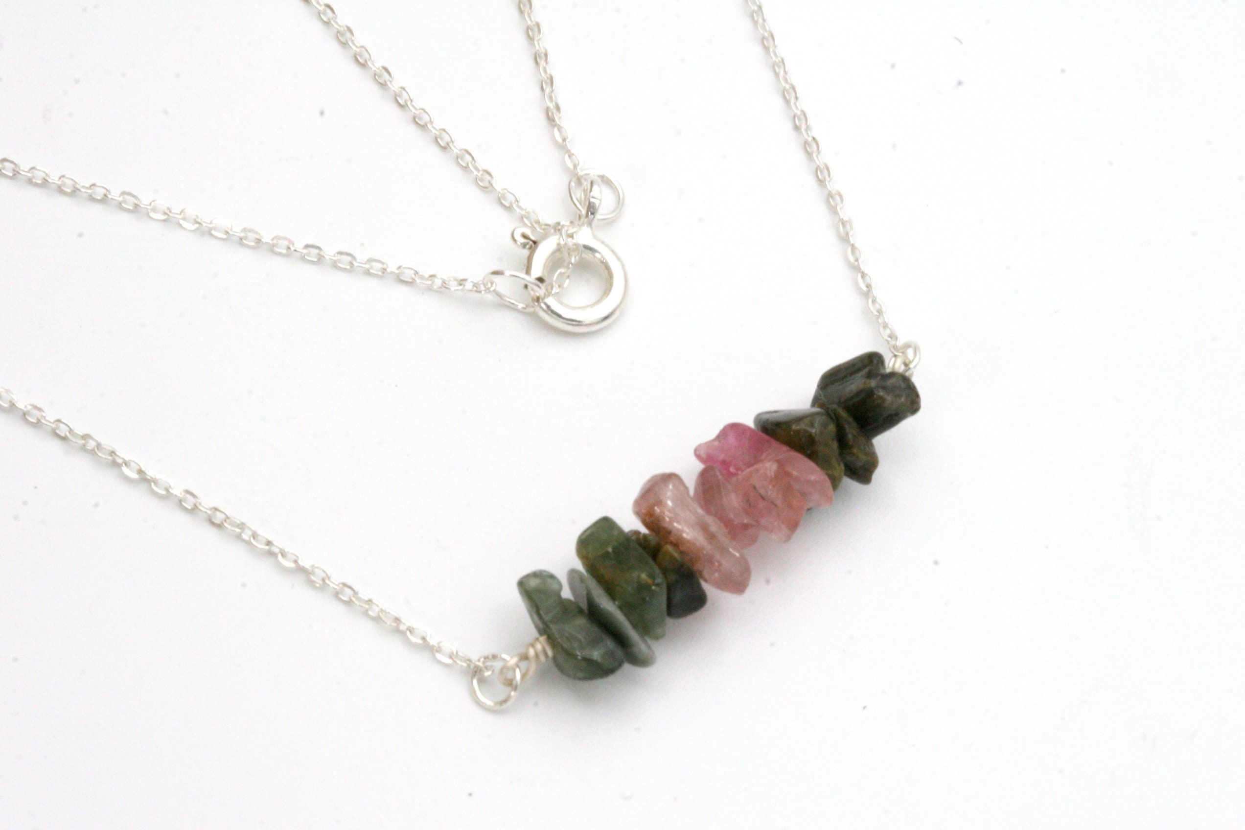 Raw Watermelon Tourmaline Necklace: Sterling Silver Adjustable Chain