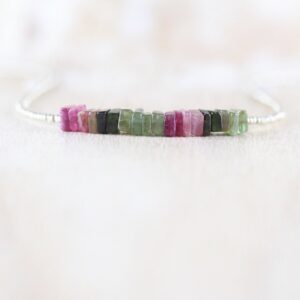 Watermelon Tourmaline, Seed Bead & Sterling Silver Necklace, Dainty Heishi Square Gemstone Choker, Delicate Boho Layering Jewelry For Women Watermelon Tourmaline, Seed Bead & Sterling Silver Necklace, Dainty Heishi Square Gemstone Choker, Delicate Boho Layering Jewelry For Women