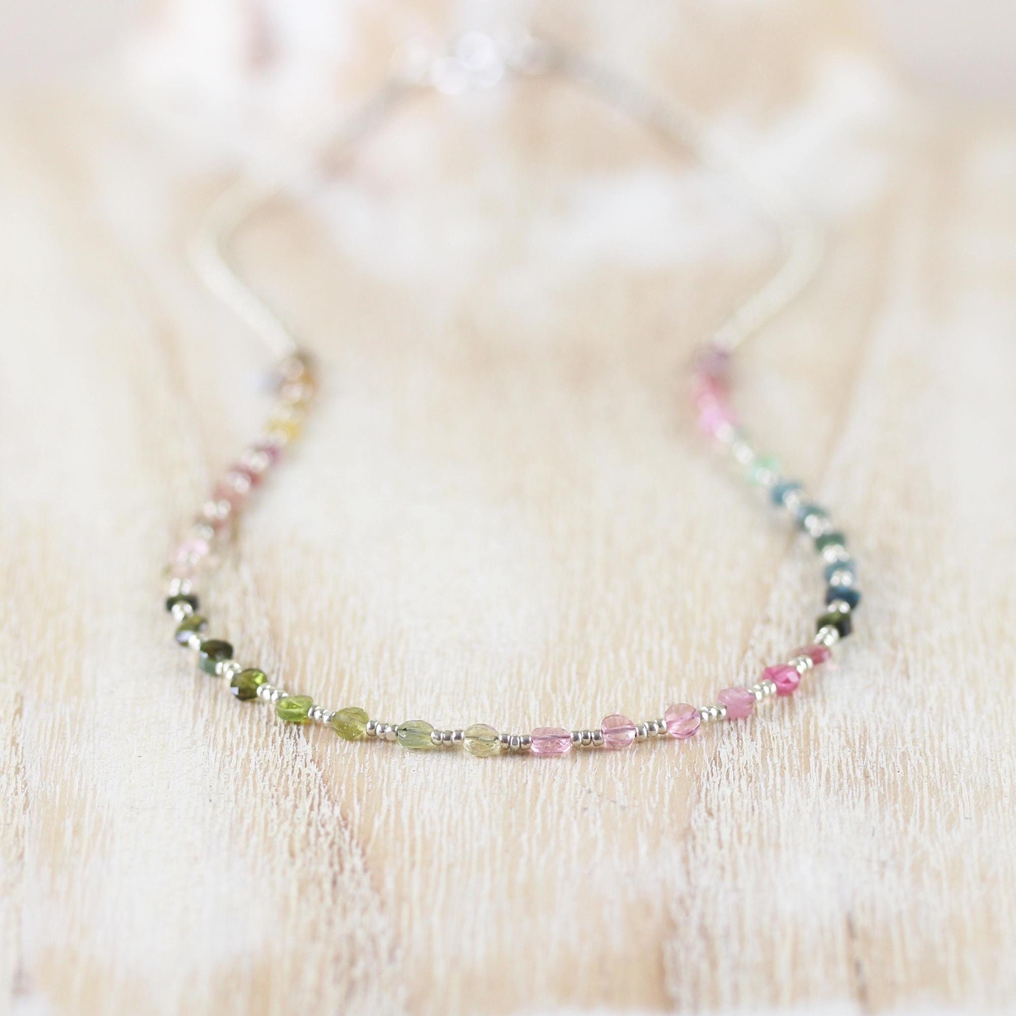 Watermelon Tourmaline, Seed Bead & Sterling Silver Necklace, Dainty Multi Color Gemstone Choker, Long Beaded Layering Necklace For Women Watermelon Tourmaline, Seed Bead & Sterling Silver Necklace, Dainty Multi Color Gemstone Choker, Long Beaded Layering Necklace For Women