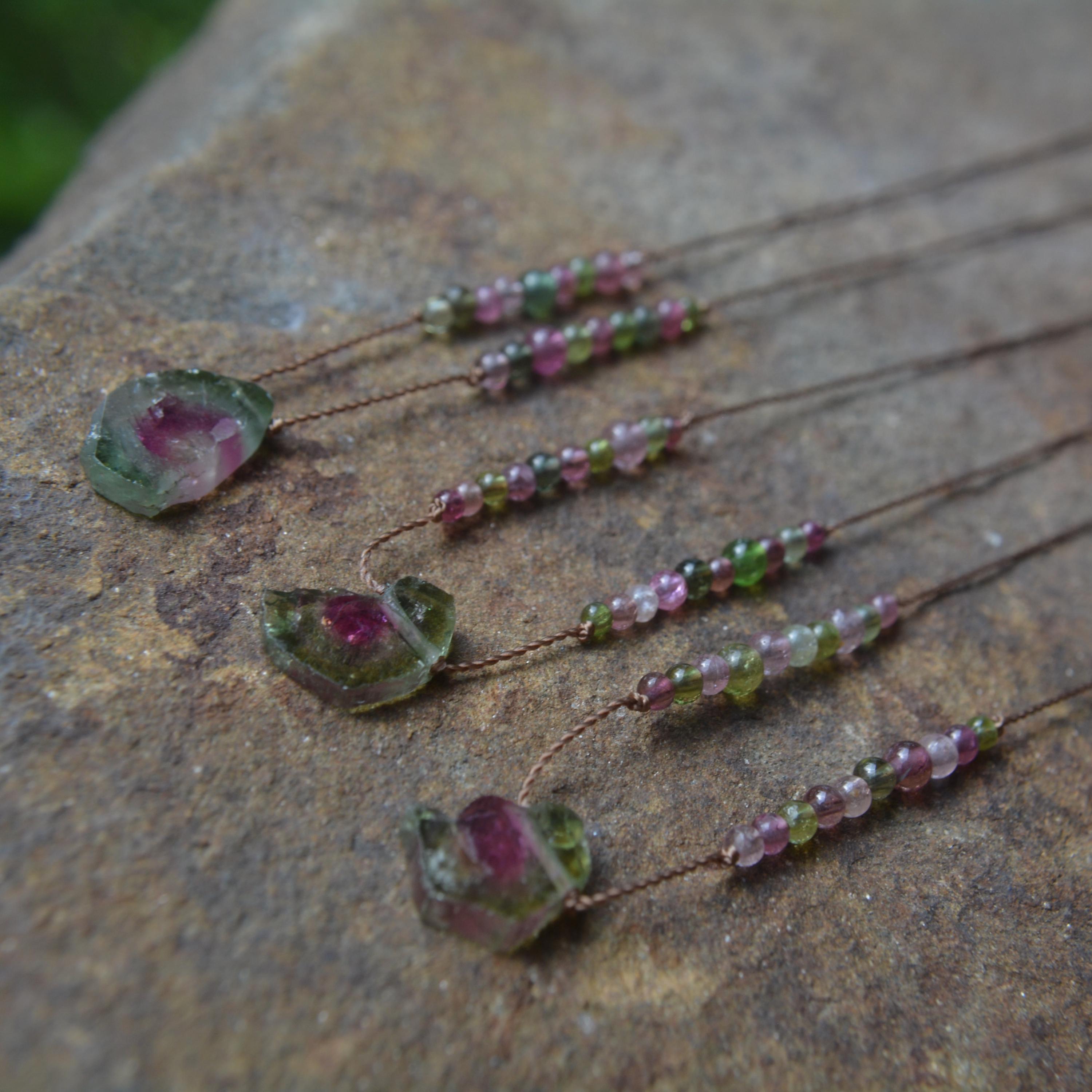 Watermelon Tourmaline Slice Knotted Silk Necklaces
