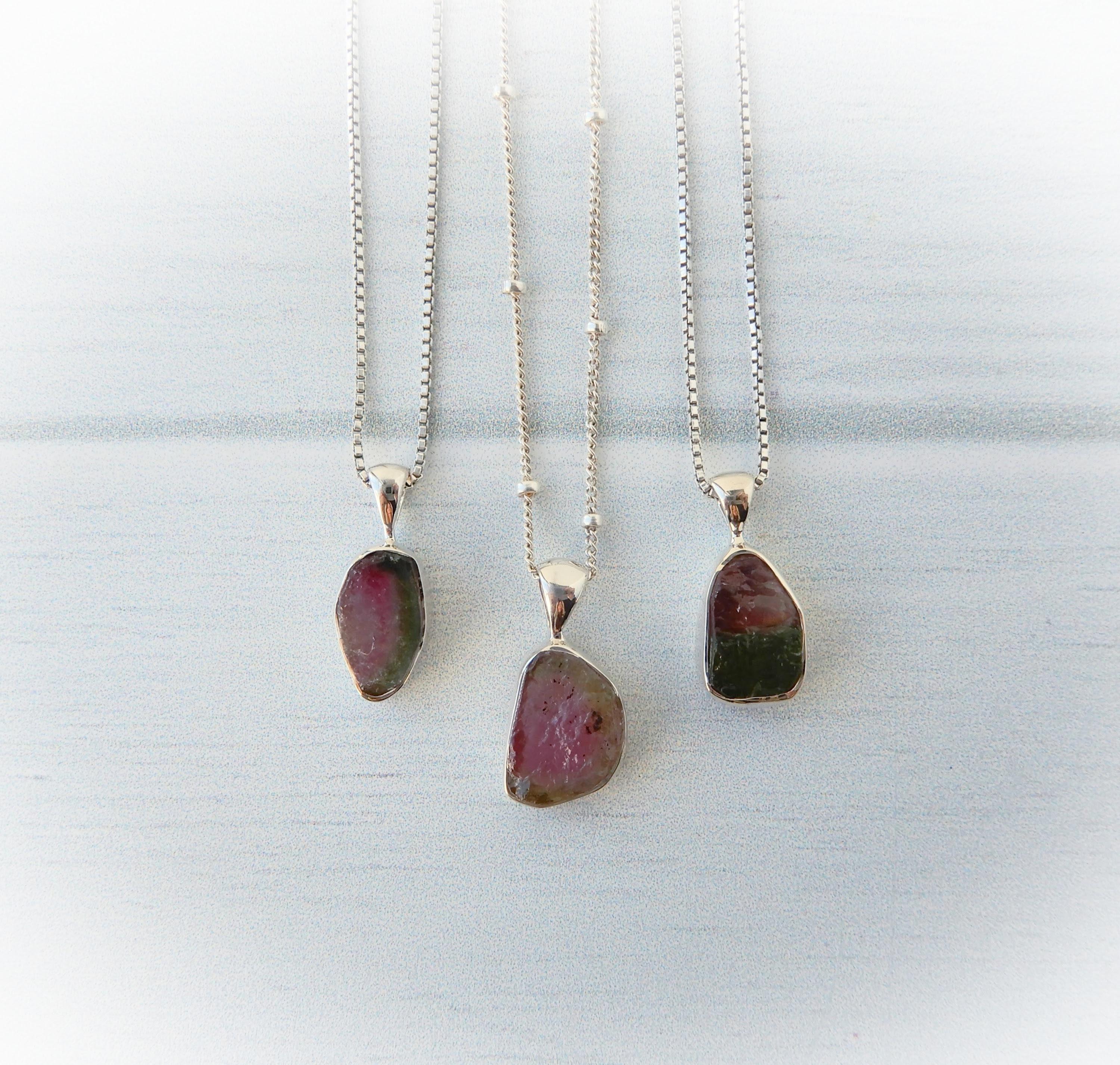 Watermelon Tourmaline Necklace Sterling Silver • Raw Tourmaline Necklace