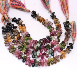 High Quality Aaa+ Multi Tourmaline 5x8mm-6x9mm Pear Briolette Beads | Watermelon Tourmaline Gemstone Faceted Loose Beads | 8inch Strand