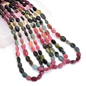 Multi Tourmaline Gemstone 9mm-11mm Oval Carving Beads | 16" Strand | Natural Watermelon Tourmaline Semi Precious Gemstone Loose Fancy Beads