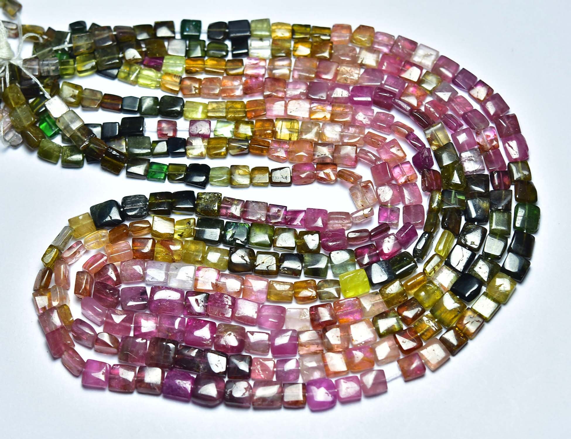 Watermelon Tourmaline Square Beads - 16 Inches - Natural Most Beautiful Smooth Multi Tourmaline Square Beads - Size Is 4 -6.5 Mm #718