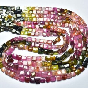 Watermelon Tourmaline Square Beads - 16 Inches - Natural Most Beautiful Smooth Multi Tourmaline Square Beads - Size Is 4 - 6 Mm #1516