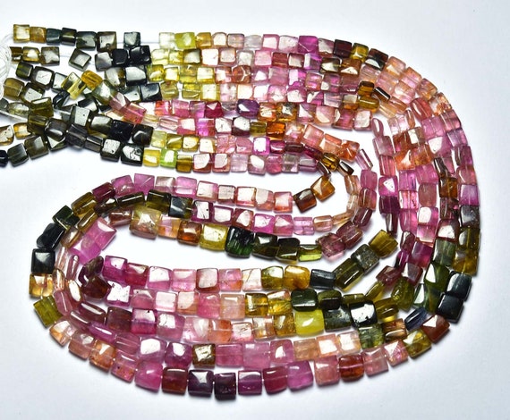 Watermelon Tourmaline Square Beads - 16 Inches - Natural Most Beautiful Smooth Multi Tourmaline Square Beads - Size Is 4 - 6 Mm #1516