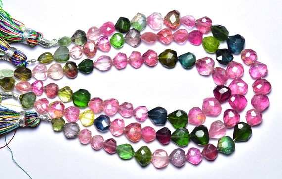 Superb Watermelon Tourmaline Heart Beads - 7.5 Inches - Natural Faceted Tourmaline Multi Heart Briolettes - Size Is 5x6 - 8x9 Mm #999