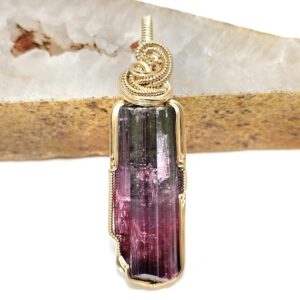 Brazilian Watermelon Tourmaline Crystal Pendant in 14k Gold Filled Wire -- GORGEOUS 100% natural color! Large size! See video!