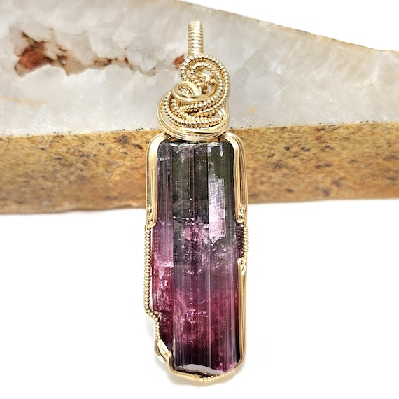 Brazilian Watermelon Tourmaline Crystal Pendant In 14k Gold Filled Wire -- Gorgeous 100% Natural Color! Large Size! See Video!