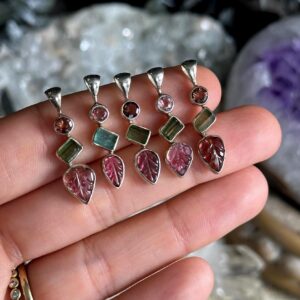 Watermelon Tourmaline Carved Leaf Pendant Necklace: .925 Sterling Silver, Multi Stone