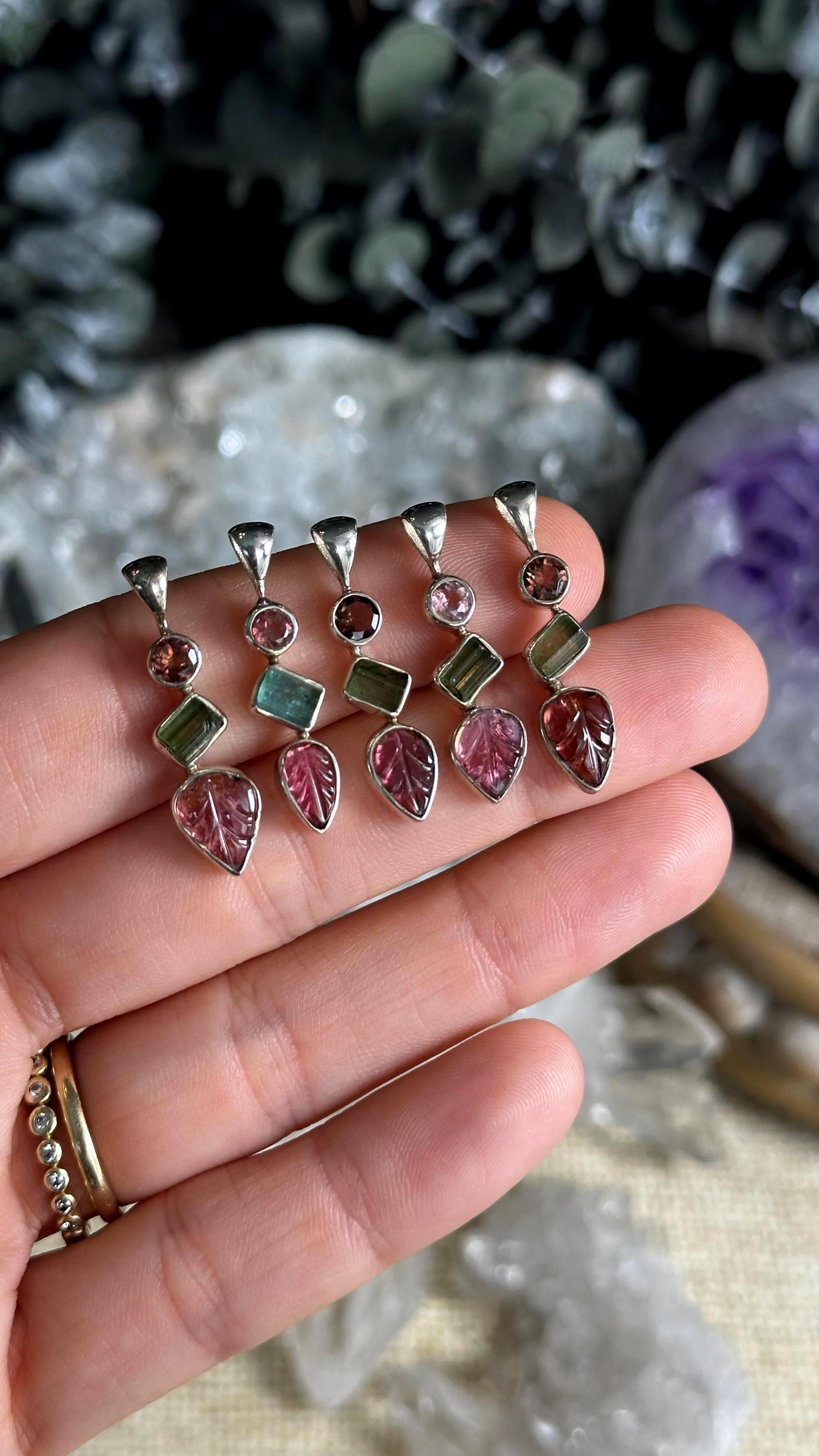 Watermelon Tourmaline Carved Leaf Pendant Necklace: .925 Sterling Silver, Multi Stone