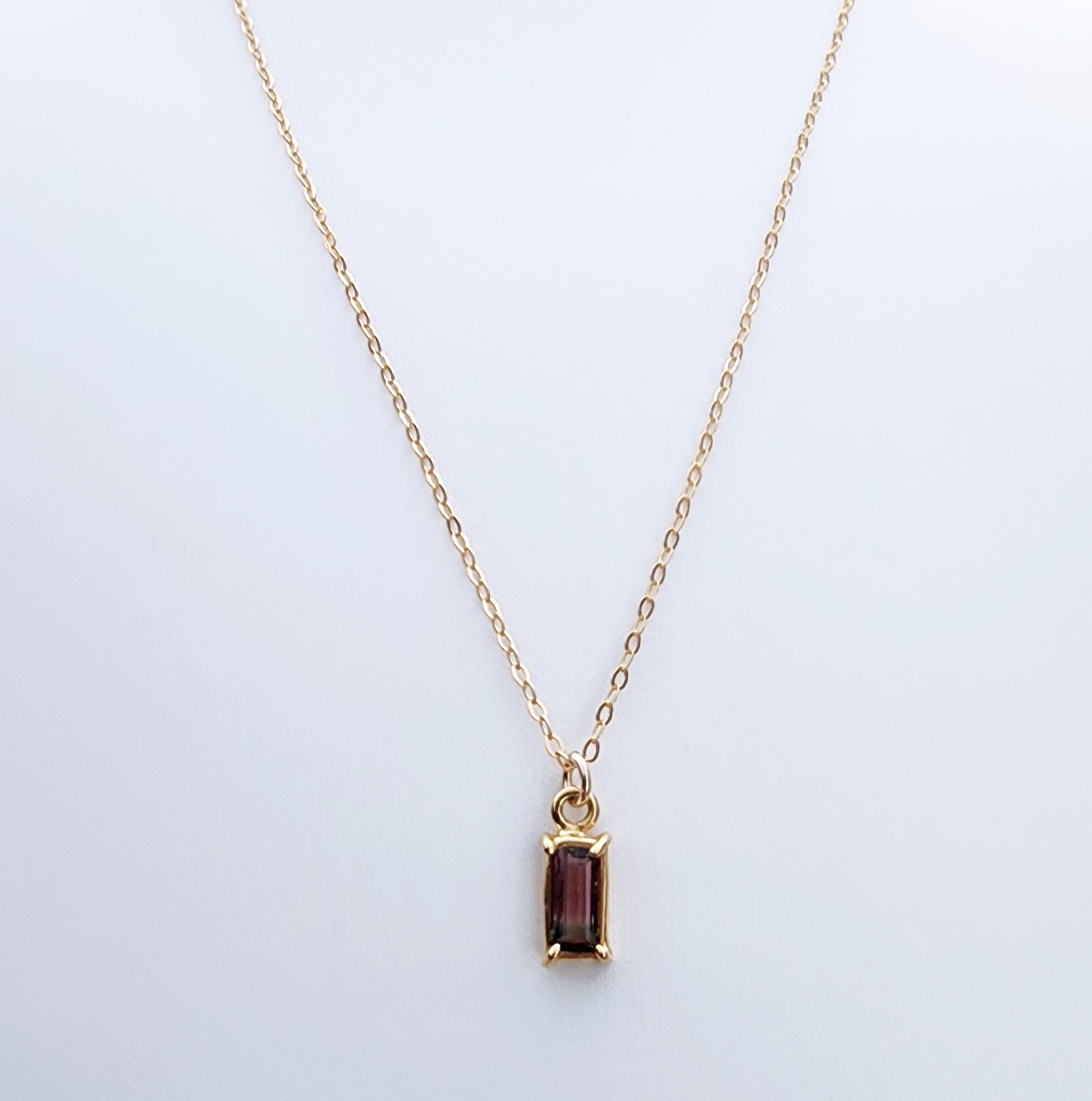 Gorgeous Dark Pink Watermelon Tourmaline Gemstone Pendant, 16 Inch Choker Necklace 14k Gold Filled, Small Rectangle Tourmaline Pendant