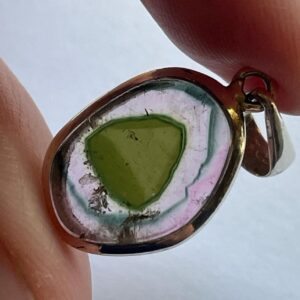 Green Heart! Watermelon Tourmaline Pendant - Natural Tourmaline Slice & Solid Sterling Silver - Natural Color Green Core with Blue Aura!