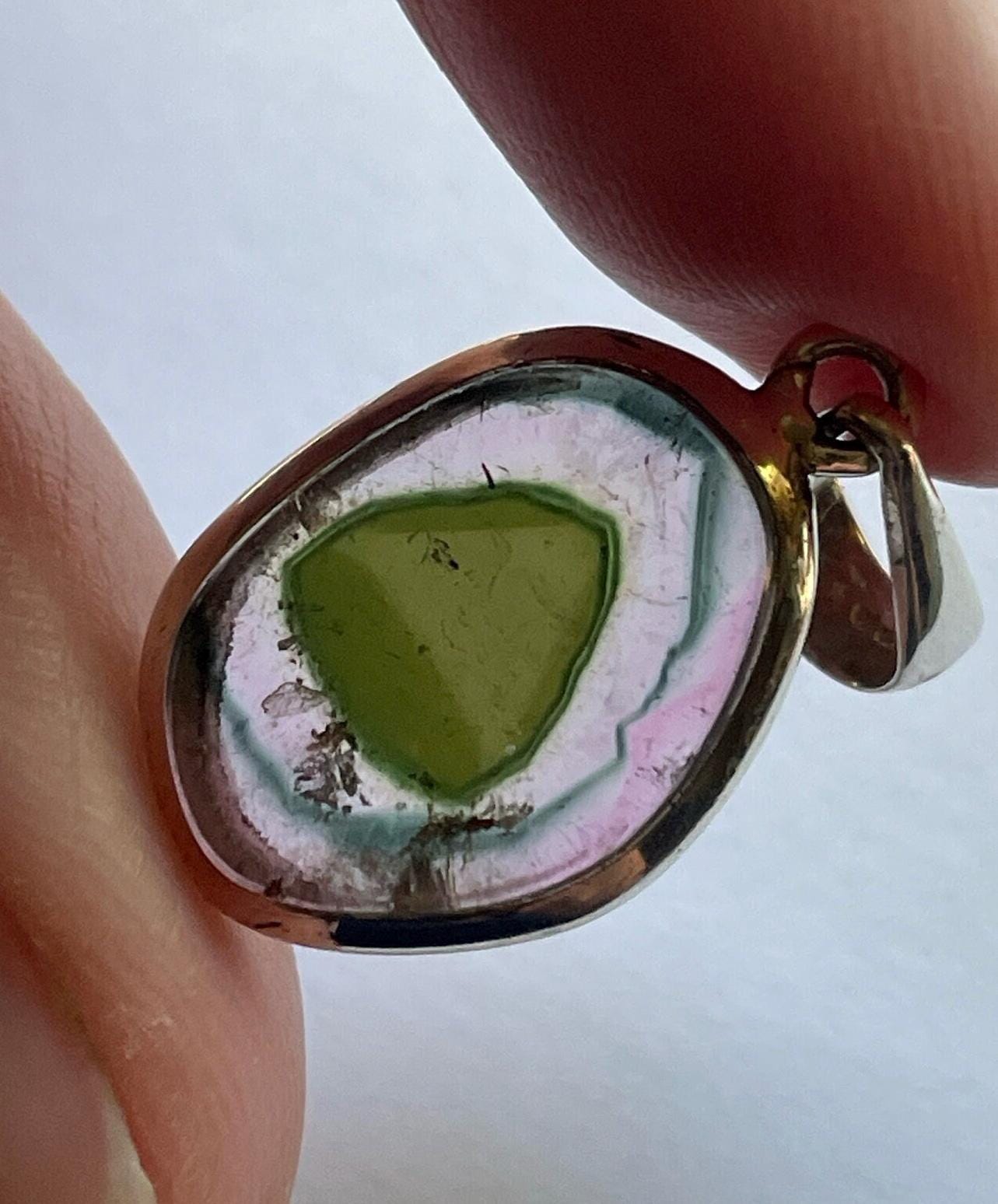 Green Heart! Watermelon Tourmaline Pendant - Natural Tourmaline Slice & Solid Sterling Silver - Natural Color Green Core With Blue Aura!