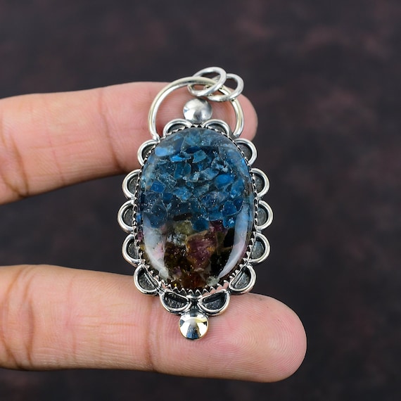 Watermelon Tourmaline Pendant: Handmade 925 Sterling Silver, 60mm