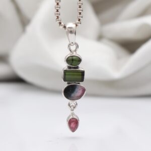 Handmade Multi-gemstone Pendant With Watermelon Tourmaline, Pink & Green Stones In 925 Sterling Silver