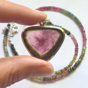 Huge! Natural Watermelon Tourmaline Slice Pendant on Matching Beaded Tourmaline Necklace - Rare Triangle Crystal - All Solid Sterling Silver