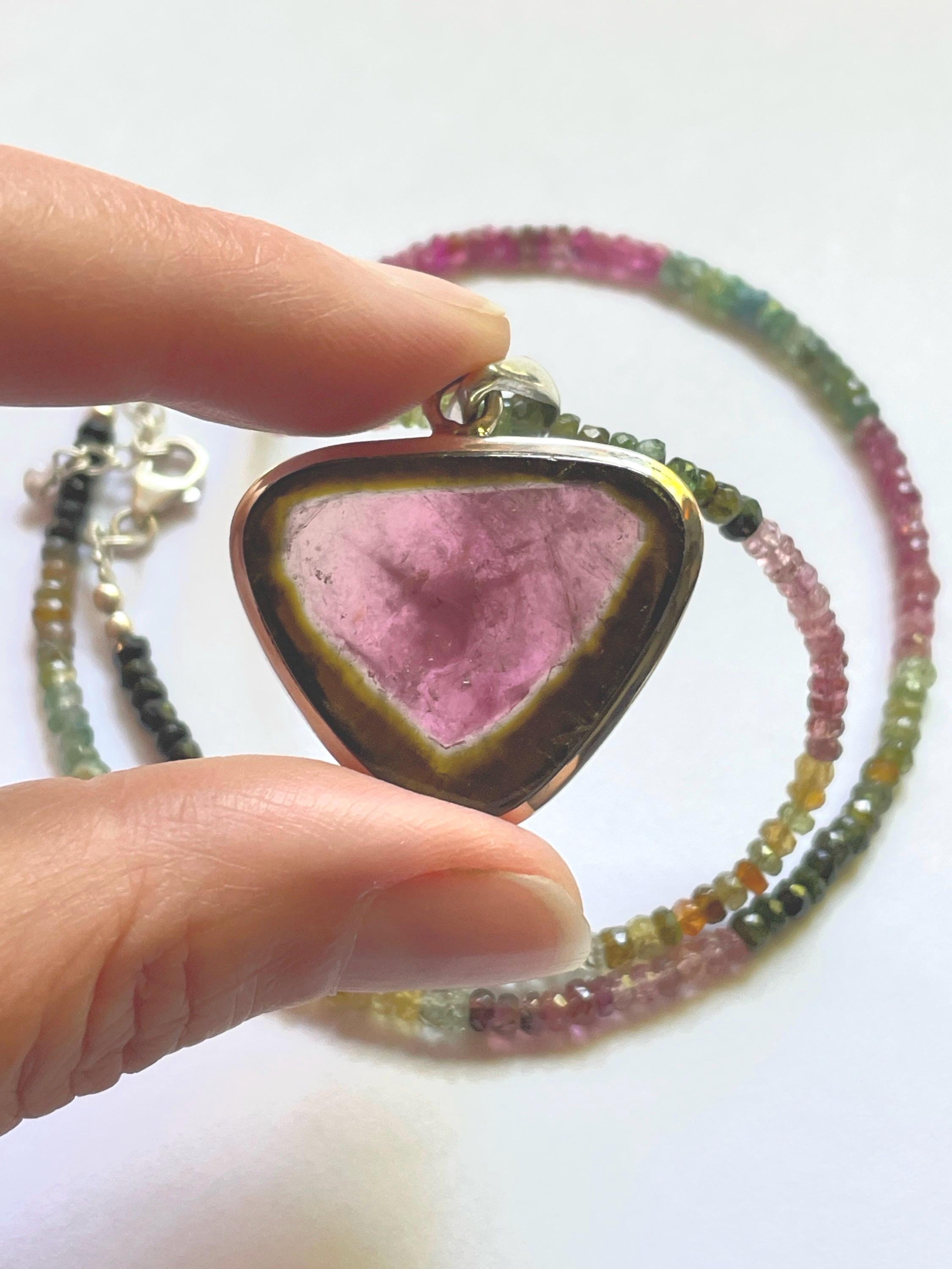 Huge! Natural Watermelon Tourmaline Slice Pendant On Matching Beaded Tourmaline Necklace - Rare Triangle Crystal - All Solid Sterling Silver