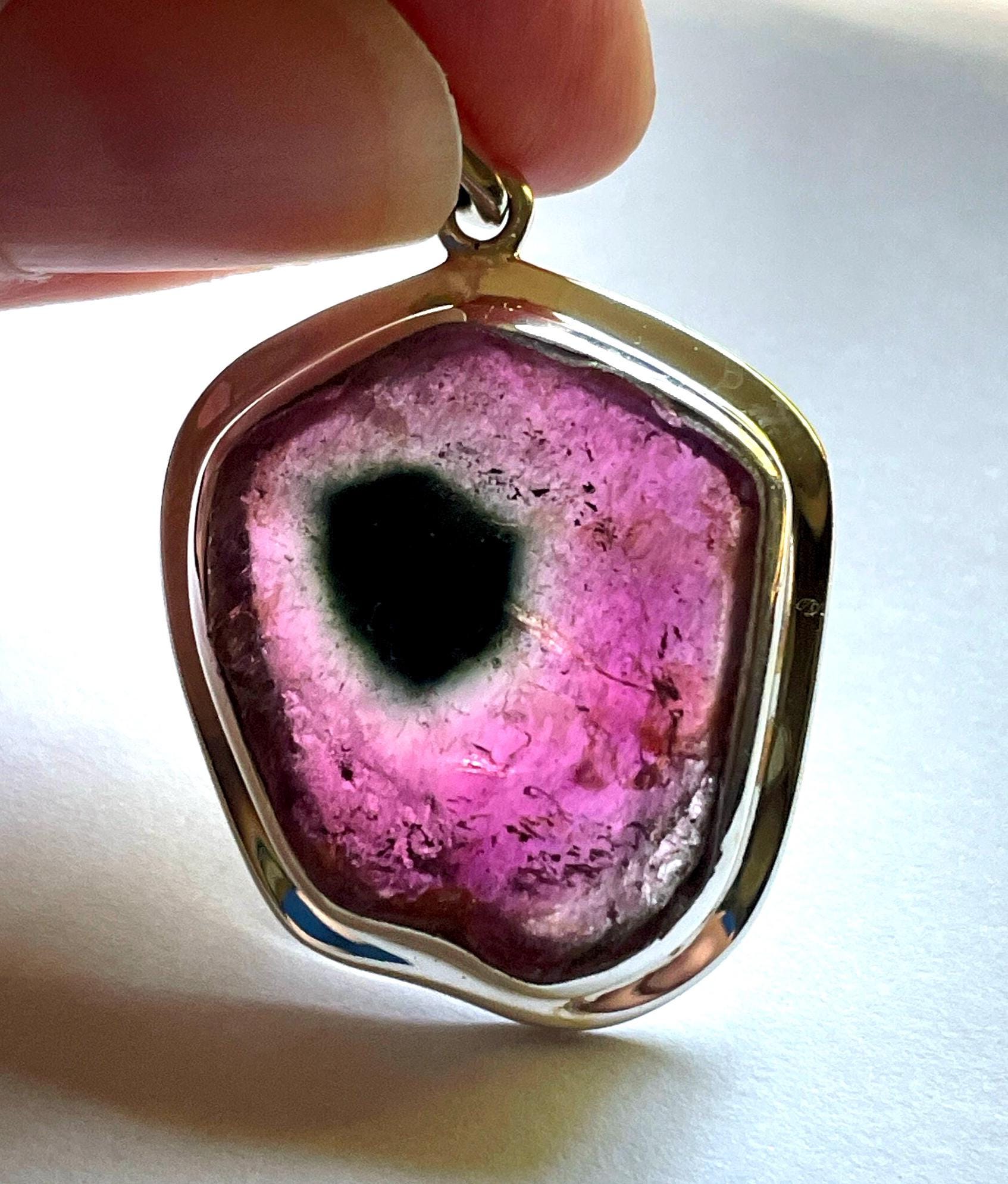 Incredible! Large Watermelon Tourmaline Slice Pendant - Natural Tourmaline & Solid Sterling Silver - Natural Color - Heart Healing Crystal