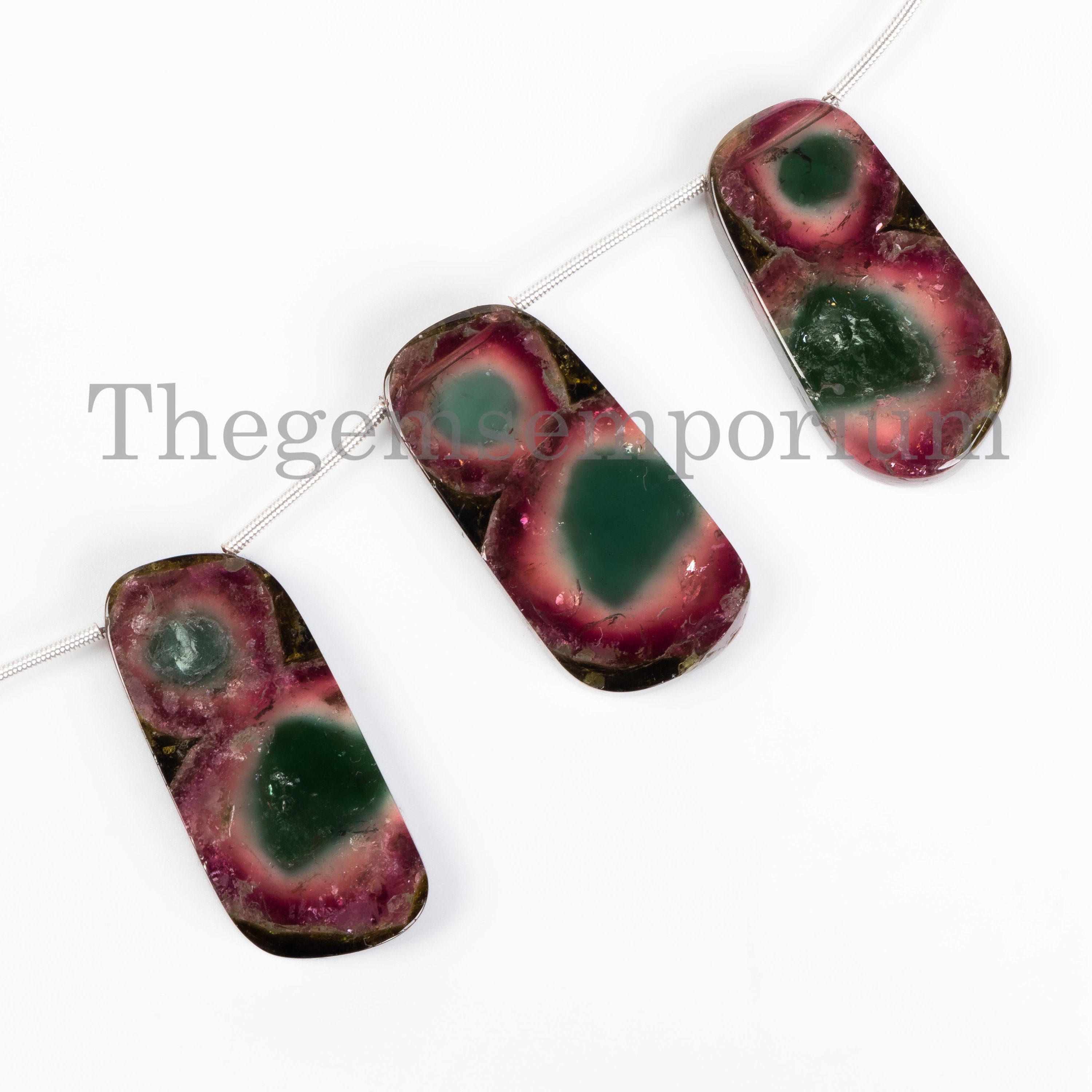 Natural Watermelon Tourmaline Fancy Slices 3pcs Strand, Far Free Size Slices, Multi Color Smooth Slices, Drilled Slices For Jewelry Pendant
