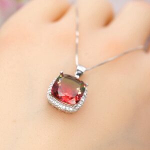 Watermelon Tourmaline Necklace - Sterling Silver Square Rainbow Red Tourmaline Pendant 1081
