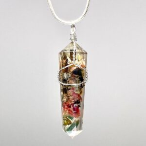 Watermelon Tourmaline Orgonite Pendant Necklace: Wire Wrapped Resin