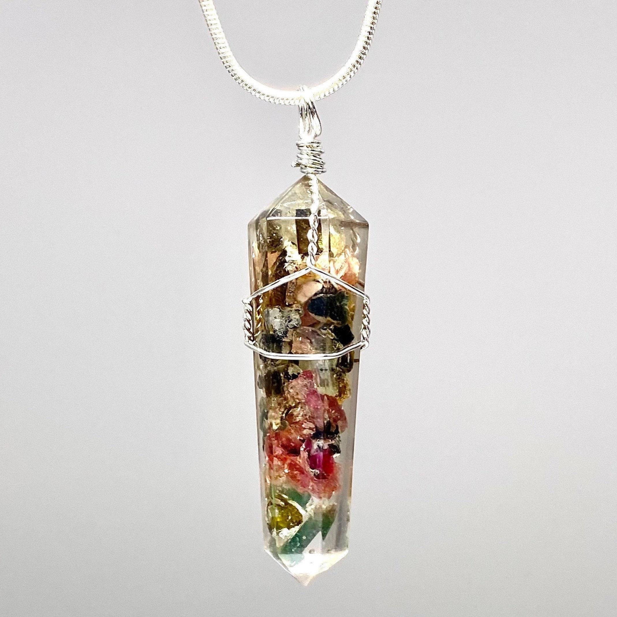 Watermelon Tourmaline Orgonite Pendant Necklace: Wire Wrapped Resin