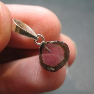 Rare Green & Red Gem Watermelon Tourmaline Crystal Slice Silver Pendant From Brazil - 0.7" - 0.64 Grams