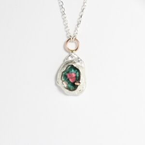 Raw Watermelon Tourmaline Necklace Silver 14k Rose Gold Pendant With Blue-green Pink Raw Gemstone From Brazil Rustic Organic Look - Geode