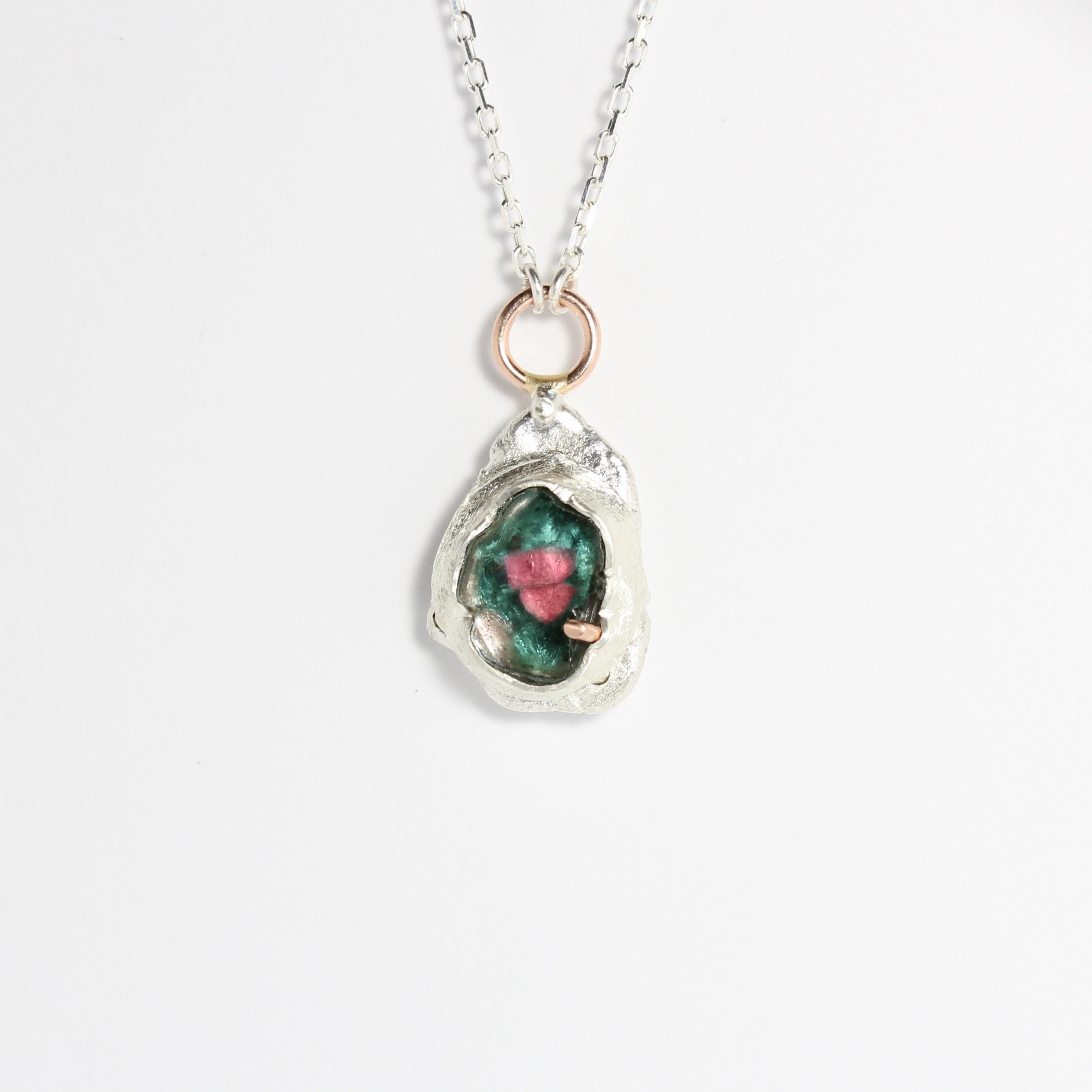 Raw Watermelon Tourmaline Necklace Silver 14k Rose Gold Pendant With Blue-green Pink Raw Gemstone From Brazil Rustic Organic Look - Geode