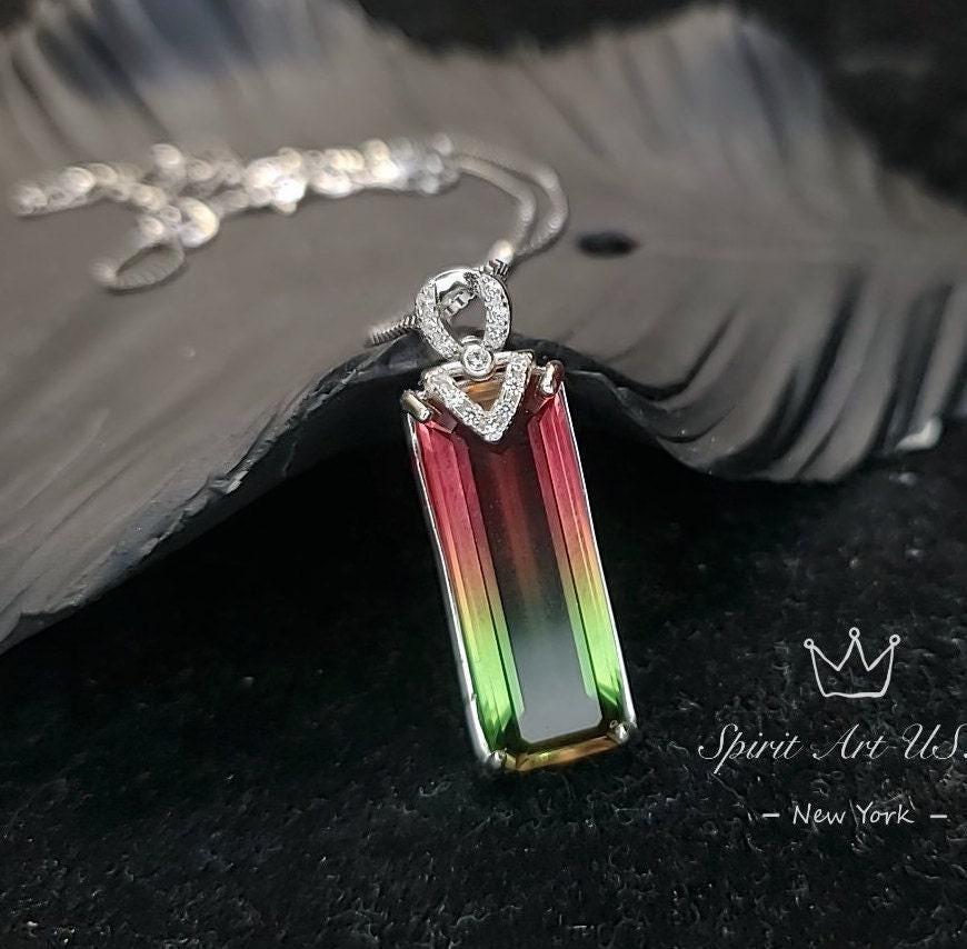 Watermelon Tourmaline Rectangle Necklace Full Sterling Silver Rainbow Pink Lab Created Tourmaline Pendant #978