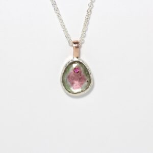 Rose-cut Watermelon Tourmaline Necklace Pastel Pink And Green Gemstone Slice 14k Rose Gold Silver Oval Bezel Pendant Gift Idea - Farbklecks