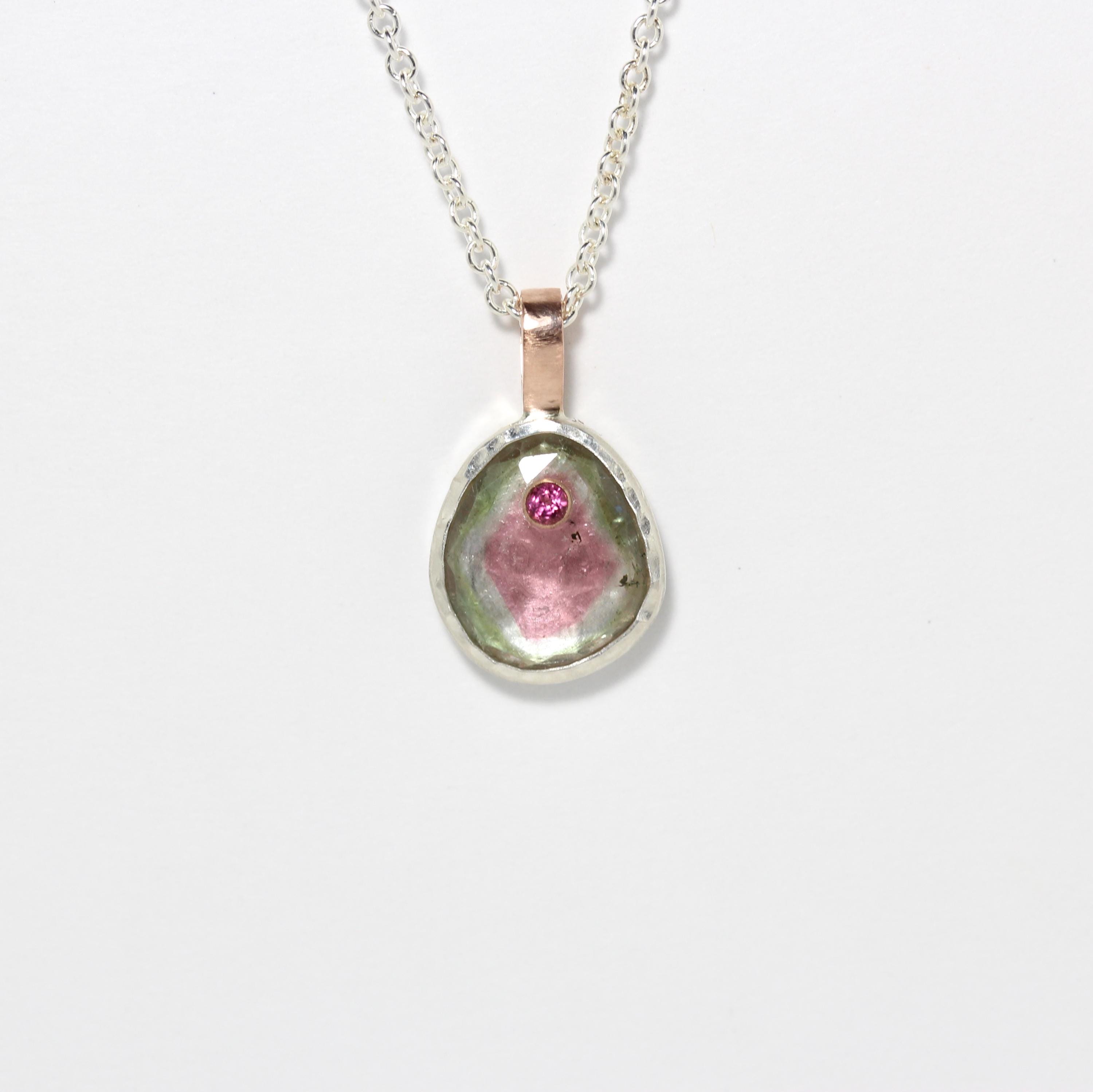 Rose-cut Watermelon Tourmaline Necklace Pastel Pink And Green Gemstone Slice 14k Rose Gold Silver Oval Bezel Pendant Gift Idea - Farbklecks
