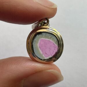 Round Watermelon Tourmaline Slice Pendant - Natural Tourmaline with Solid Sterling Silver - Beautiful Natural Color - Heart Healing Crystal