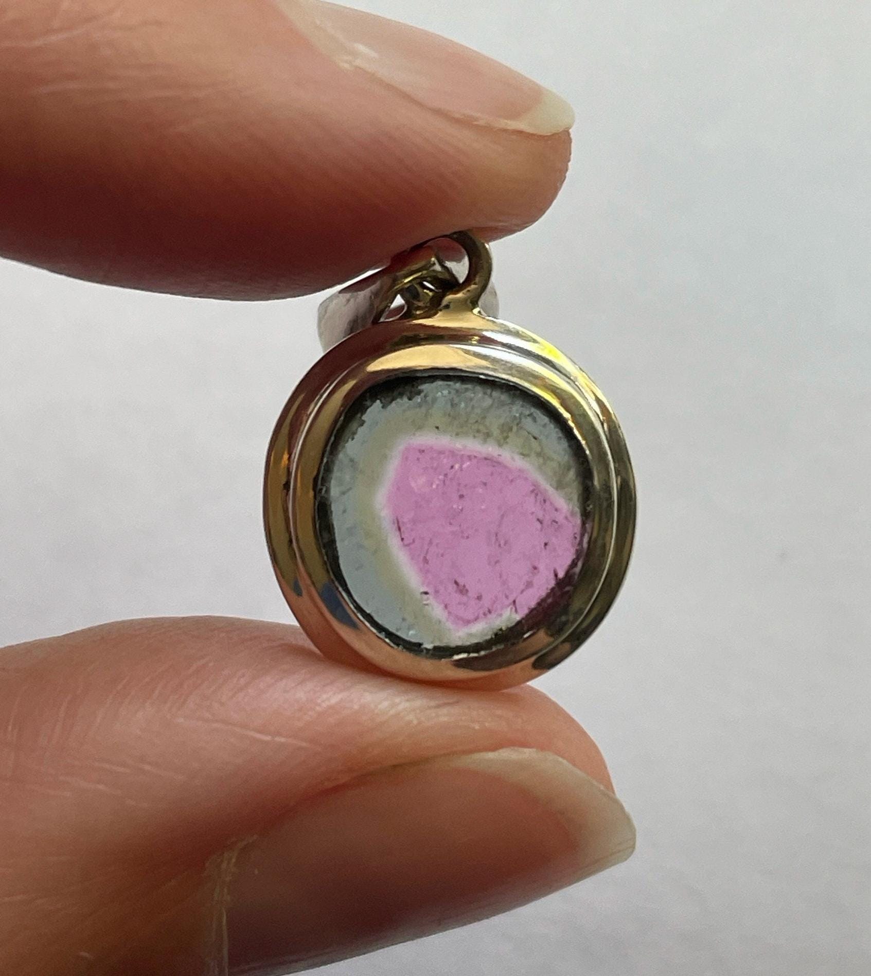 Round Watermelon Tourmaline Slice Pendant - Natural Tourmaline With Solid Sterling Silver - Beautiful Natural Color - Heart Healing Crystal