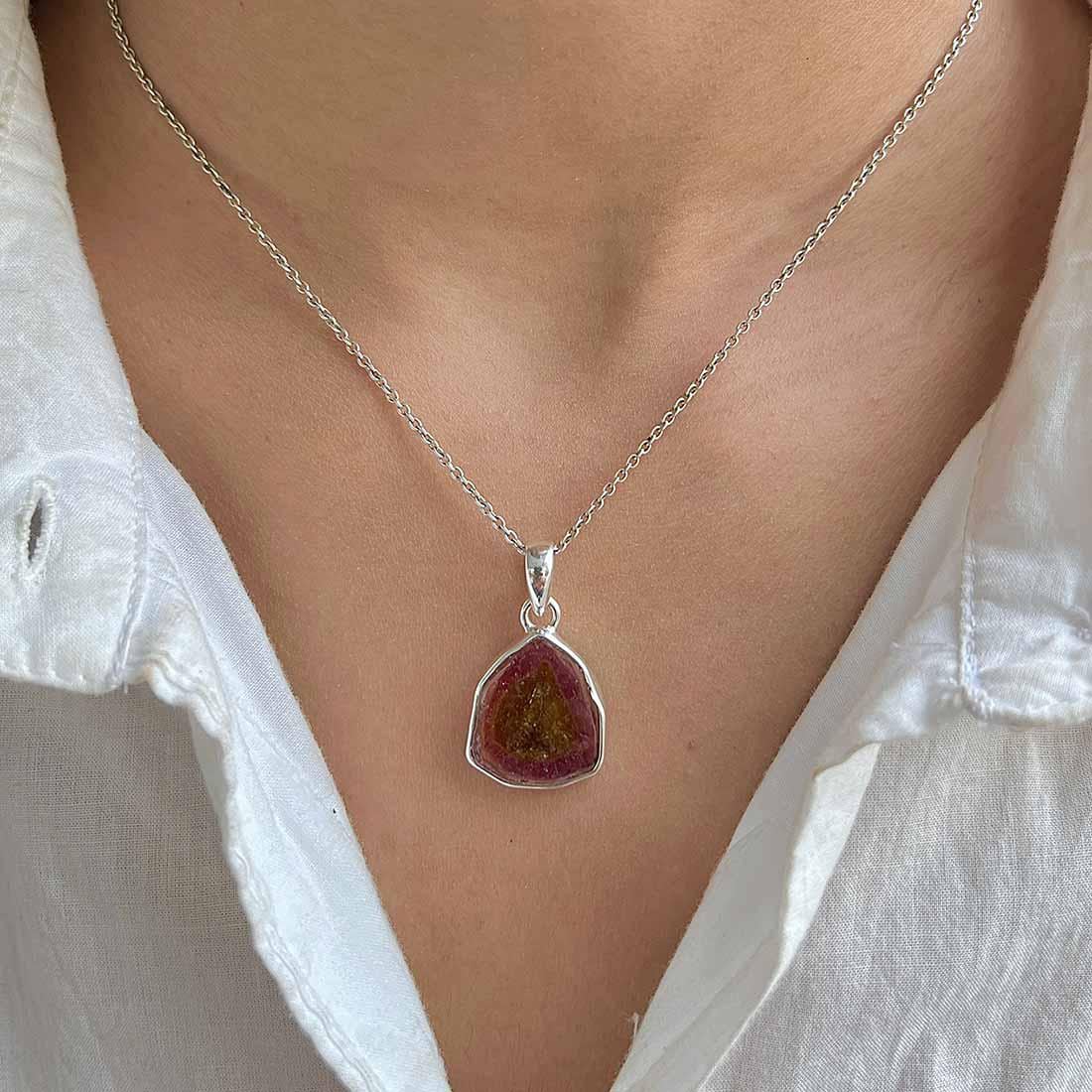 Watermelon Tourmaline Slice Pendant / 925 Sterling Silver / Healing Gemstone / Fancy Slice / Gifts For Her / Statement Pendant Trm-p-13.
