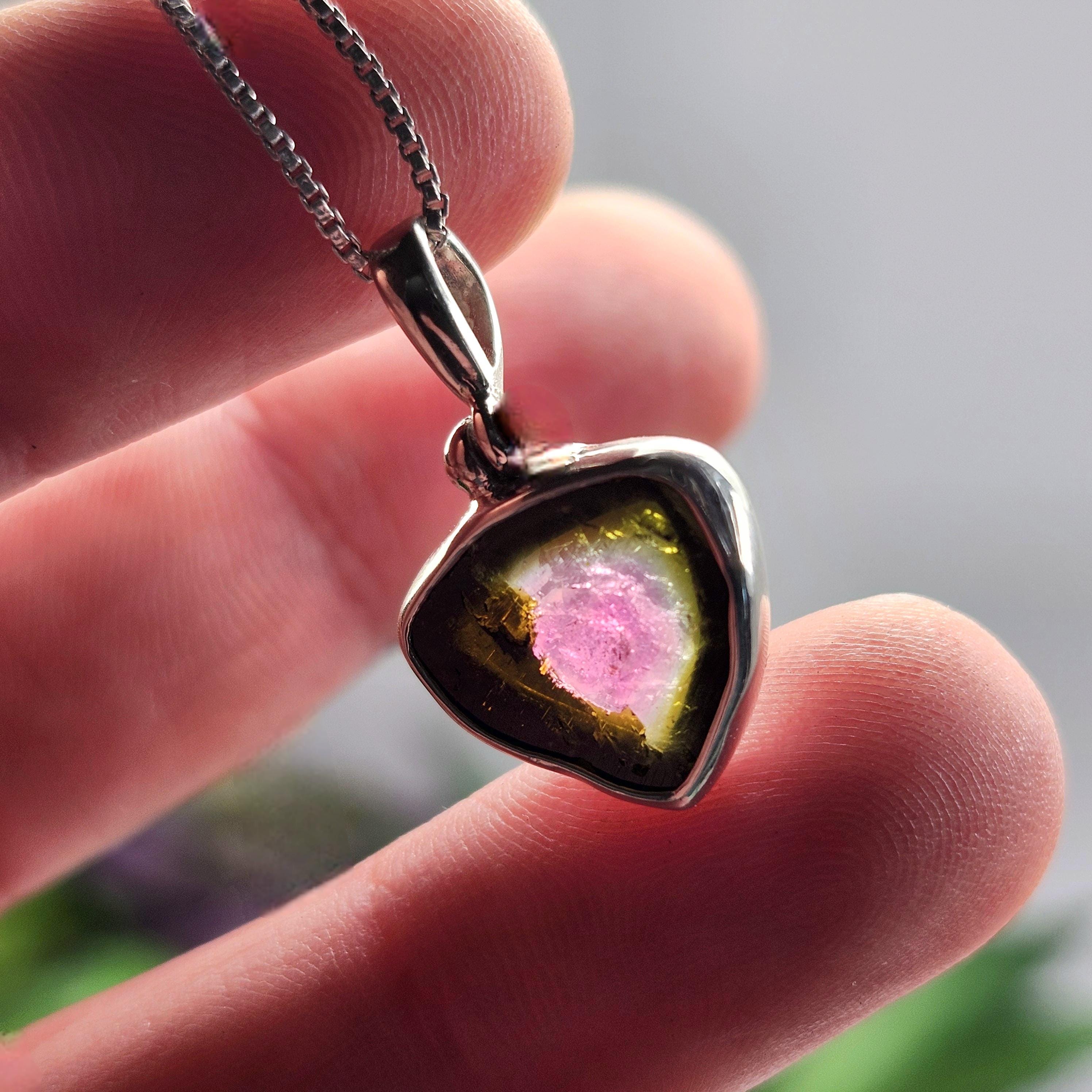 Watermelon Tourmaline Slice Pendant, Sterling Silver Tourmaline Pink & Green Necklace