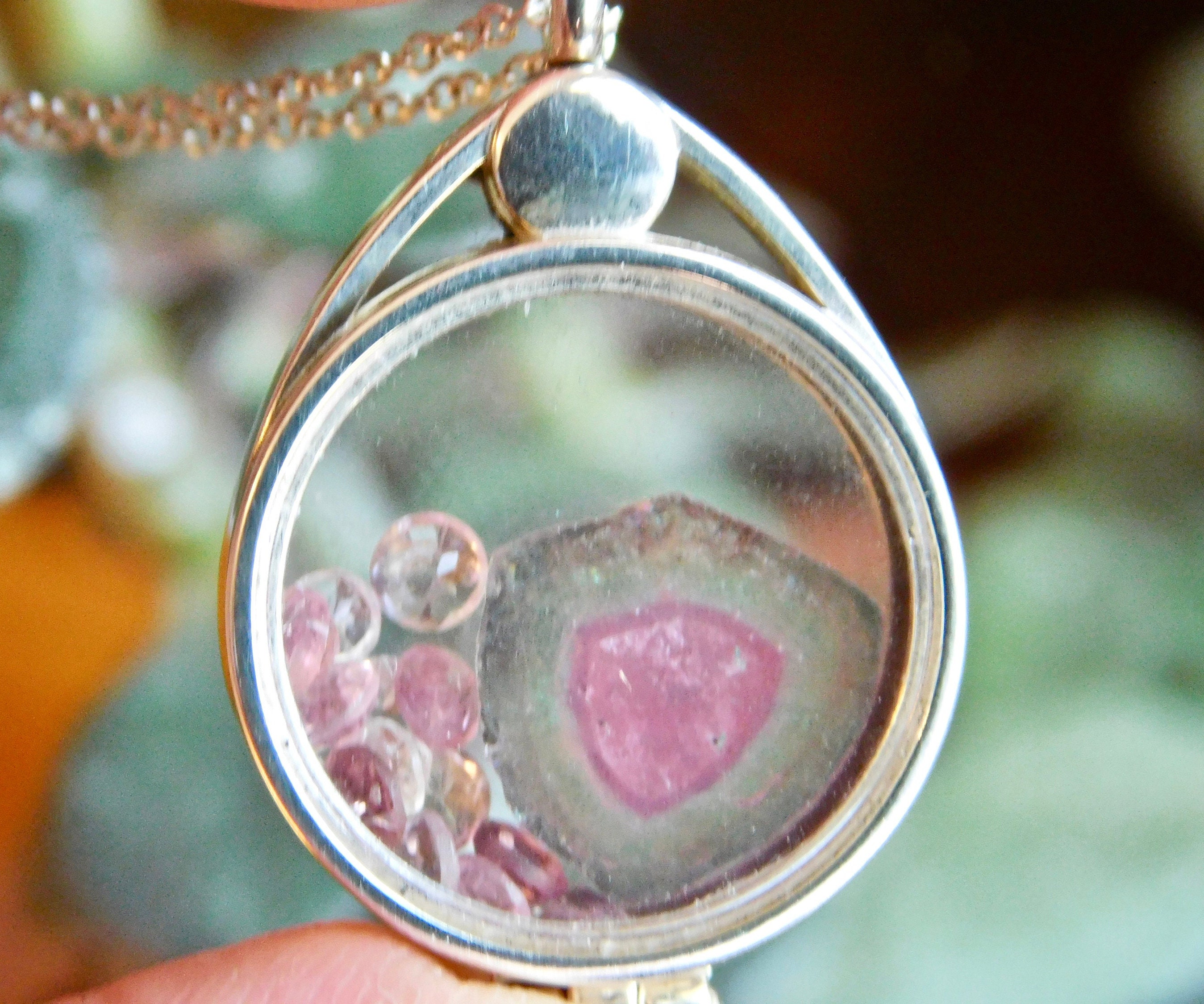 Watermelon Tourmaline Slice Sterling Silver Floating Locket Pendant