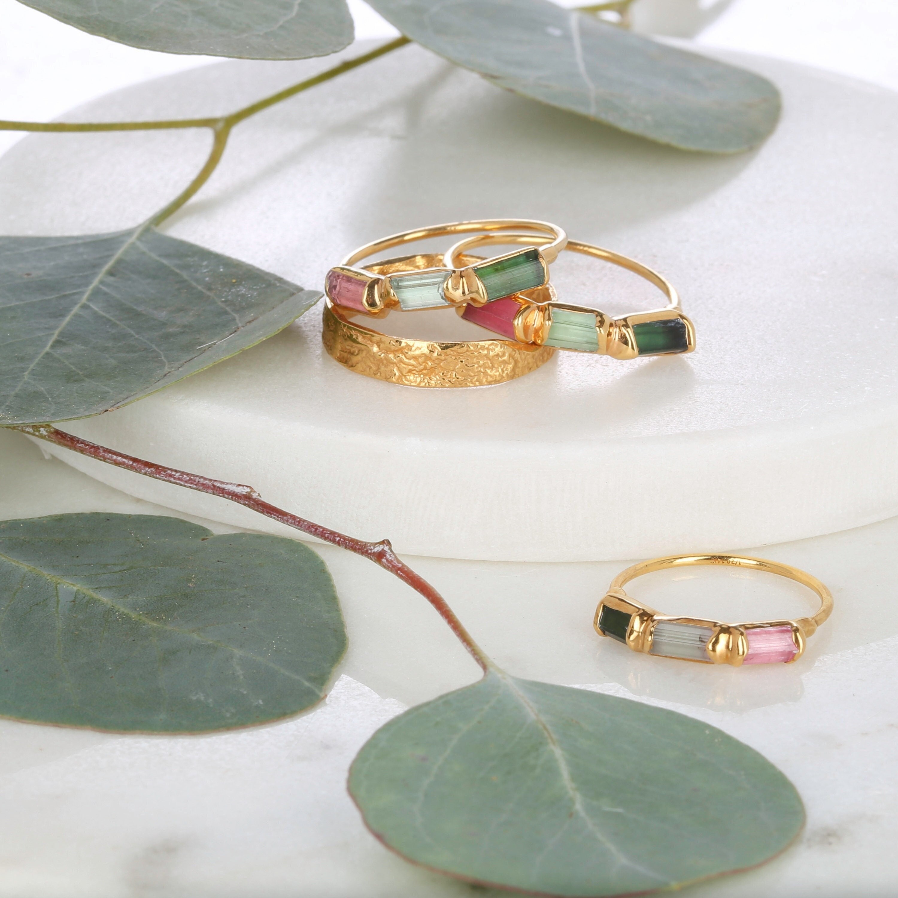 Watermelon Tourmaline Baguette Ring: 24k Gold Filled Three Crystal Ring Watermelon Tourmaline Baguette Ring: 24k Gold Filled Three Crystal Ring