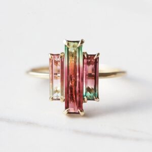 Watermelon Tourmaline Ring, Baguette Engagement Ring, Pink Green Three Stone Ring, Rose Gold Ring Watermelon Tourmaline Ring, Baguette Engagement Ring, Pink Green Three Stone Ring, Rose Gold Ring
